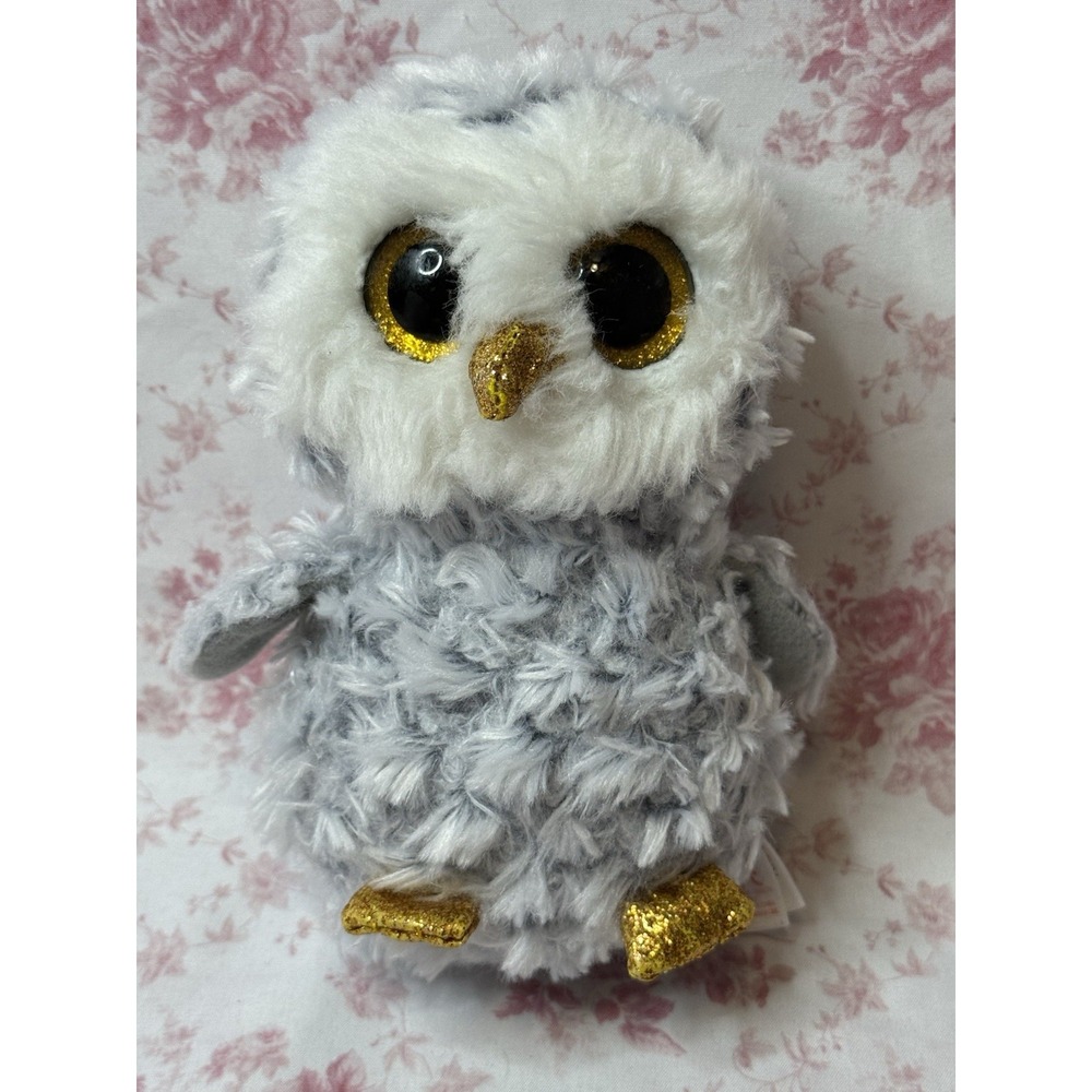 Ty Beanie Boos Owlette Gray Owl Plush 6" Gold Glitter Eyes